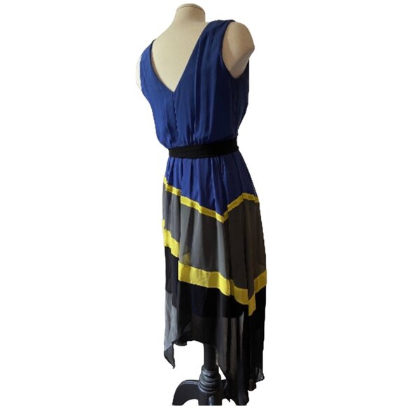 Max and Cleo Sheer Asymmetrical Dress Sz 4 (Small) Striped Blue, Yellow, & Gray - Picture 15 of 15